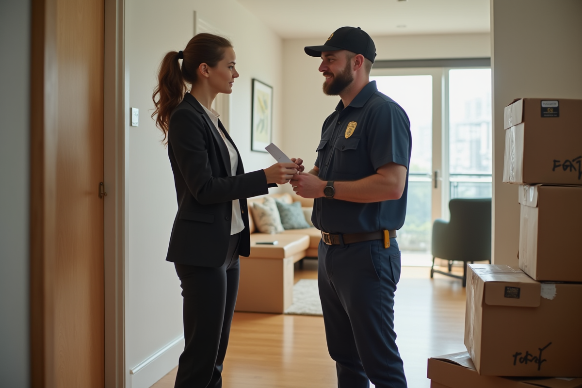 Femme remettant un chèque signé à un déménageur dans l