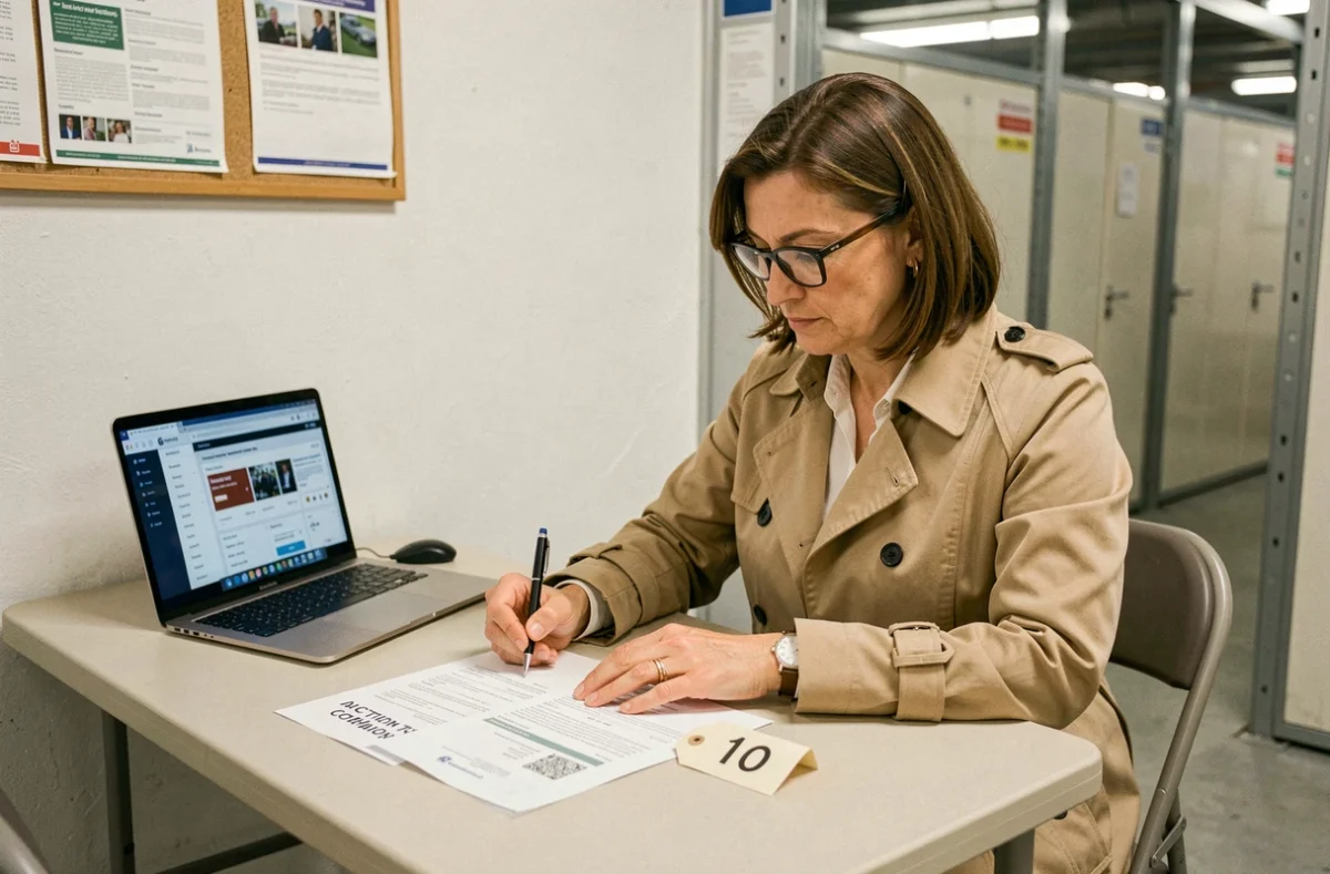 Femme signant des documents officiels pour participer légalement à une vente aux enchères de box abandonnés en France