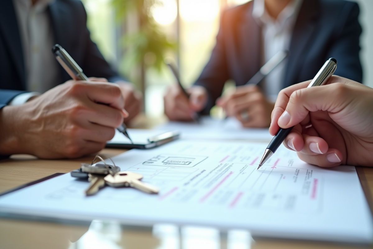 Main signant un contrat immobilier avec clés et notice sur la table