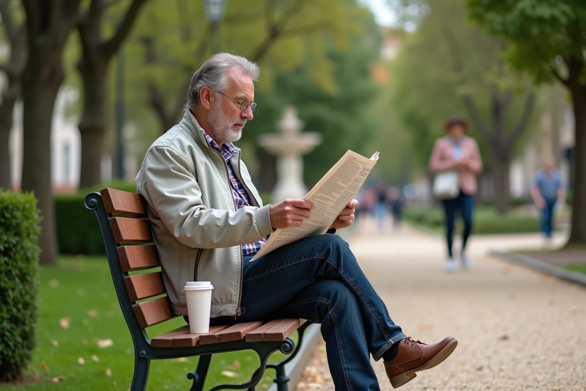 Homme se relaxant dans un square calme et verdoyant d'un quartier tranquille d'Alès