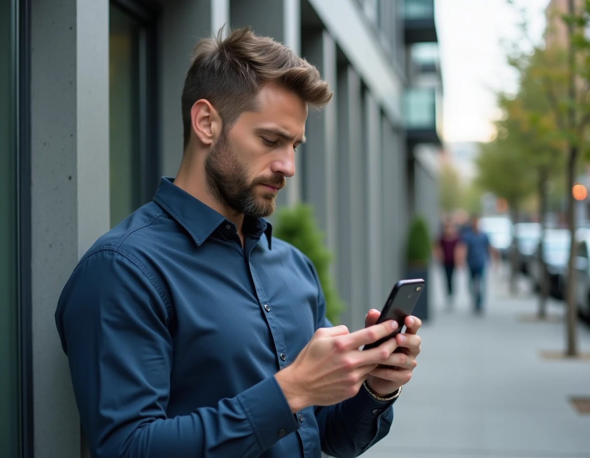 Homme consultant une application de suivi de prix immobilier devant un immeuble résidentiel urbain