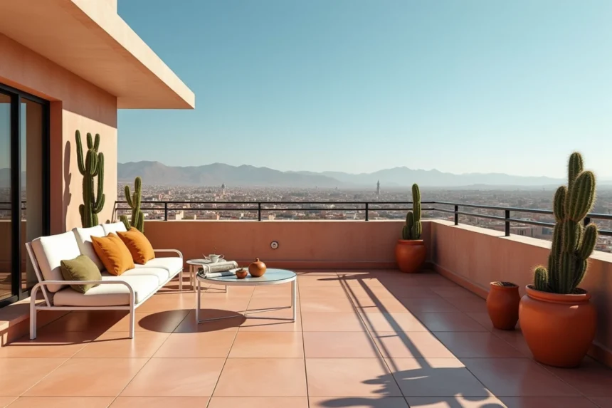Terrasse ensoleillée d'un appartement à vendre à Guéliz Marrakech avec vue sur l'Atlas et mobilier moderne