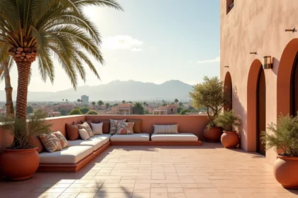 Terrasse de luxe sur le toit d'un appartement à vendre à Marrakech avec vue sur la médina et l'Atlas