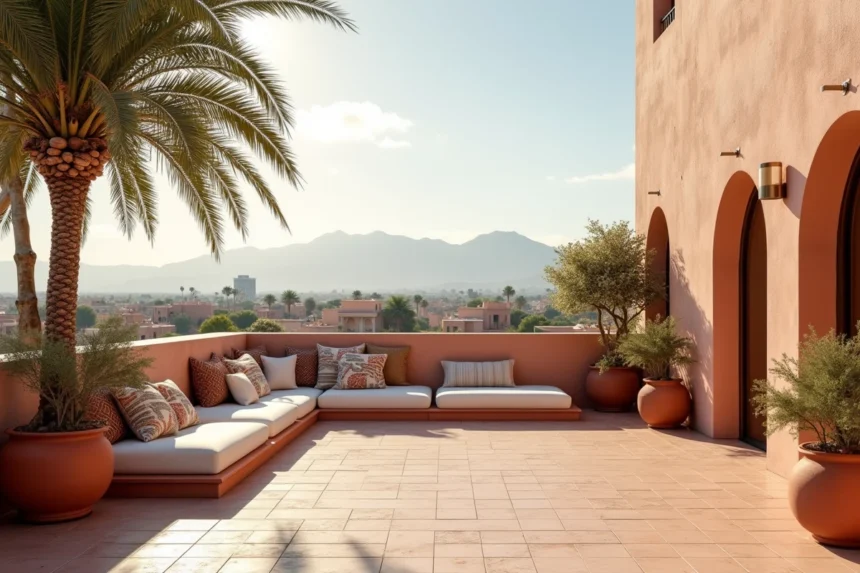 Terrasse de luxe sur le toit d'un appartement à vendre à Marrakech avec vue sur la médina et l'Atlas