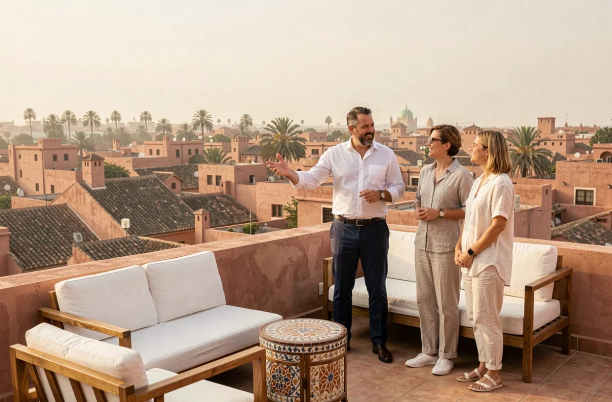 Terrasse d'appartement rénovée à Marrakech avec vue sur la médina présentée à des acheteurs potentiels