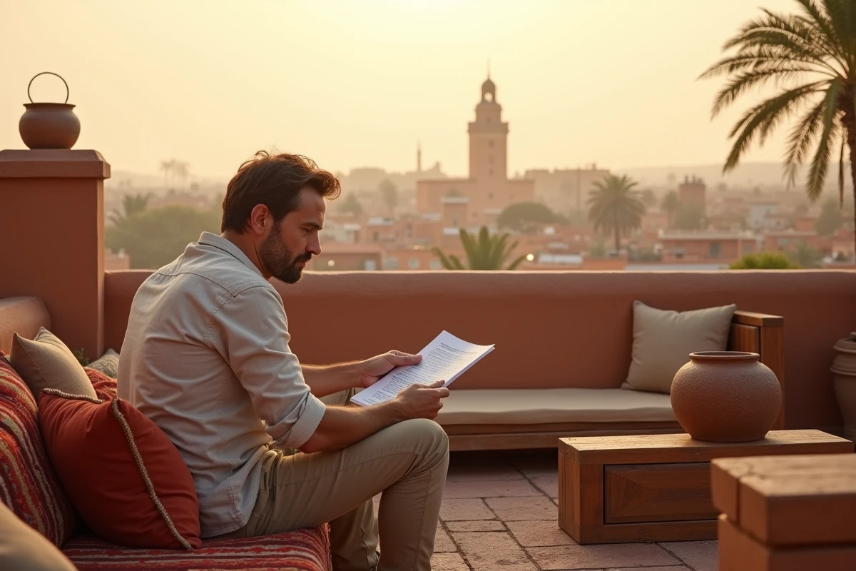 Terrasse d'une maison en médina de Marrakech avec vue panoramique sur les toits et le minaret de la Koutoubia