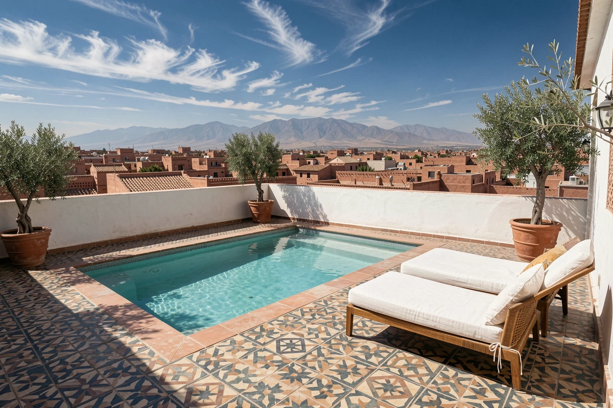 Terrasse avec piscine d'une villa de luxe à vendre à Marrakech, vue panoramique sur les toits de la médina et les montagnes de l'Atlas