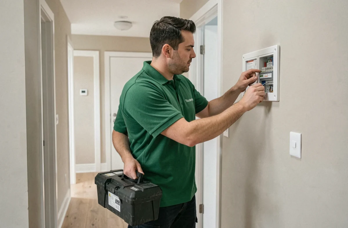 Technicien Tou'services réalisant une intervention de maintenance multiservices dans un logement en Meurthe-et-Moselle
