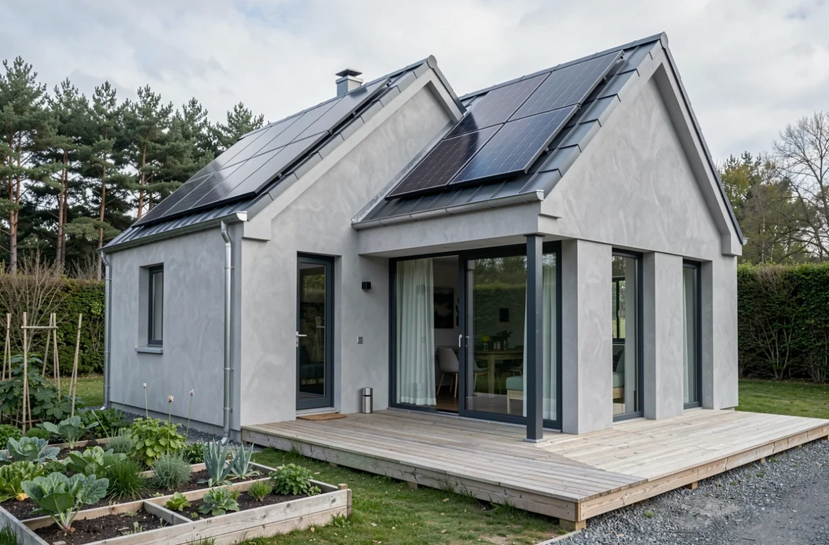 Maison bioclimatique contemporaine avec panneaux solaires et terrasse bois, construite par Trecobat en Bretagne