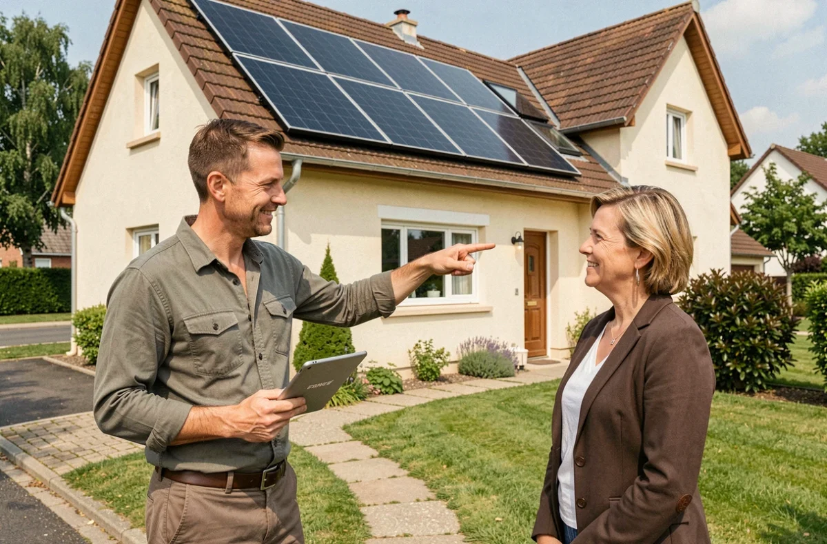 Conseiller Tucoénergie présentant un projet de panneaux solaires et prime énergie à une propriétaire devant sa maison rénovée