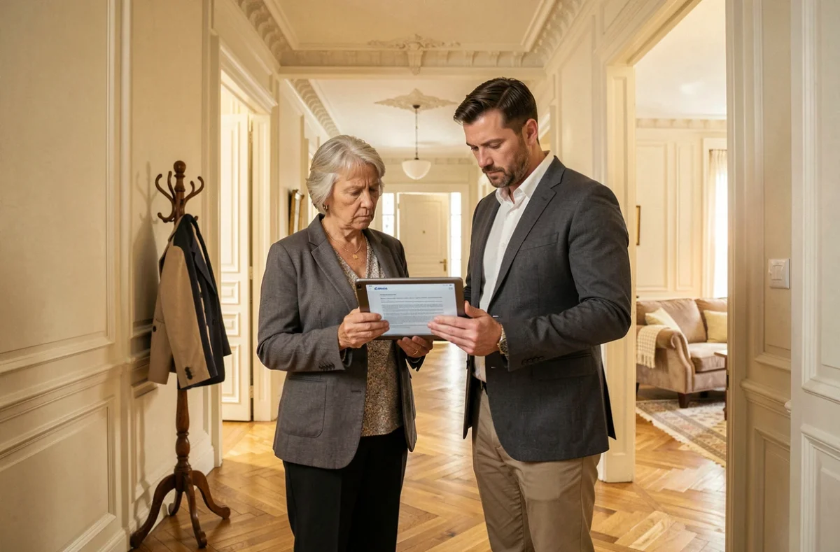 Usufruitier et nu-propriétaire consultant un document juridique sur une tablette dans un couloir d'appartement haussmannien