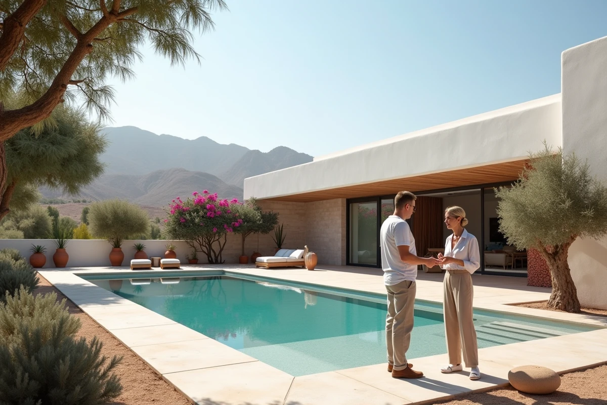 Villa moderne avec piscine à débordement en périphérie de Marrakech avec vue sur l'Atlas et jardin paysager