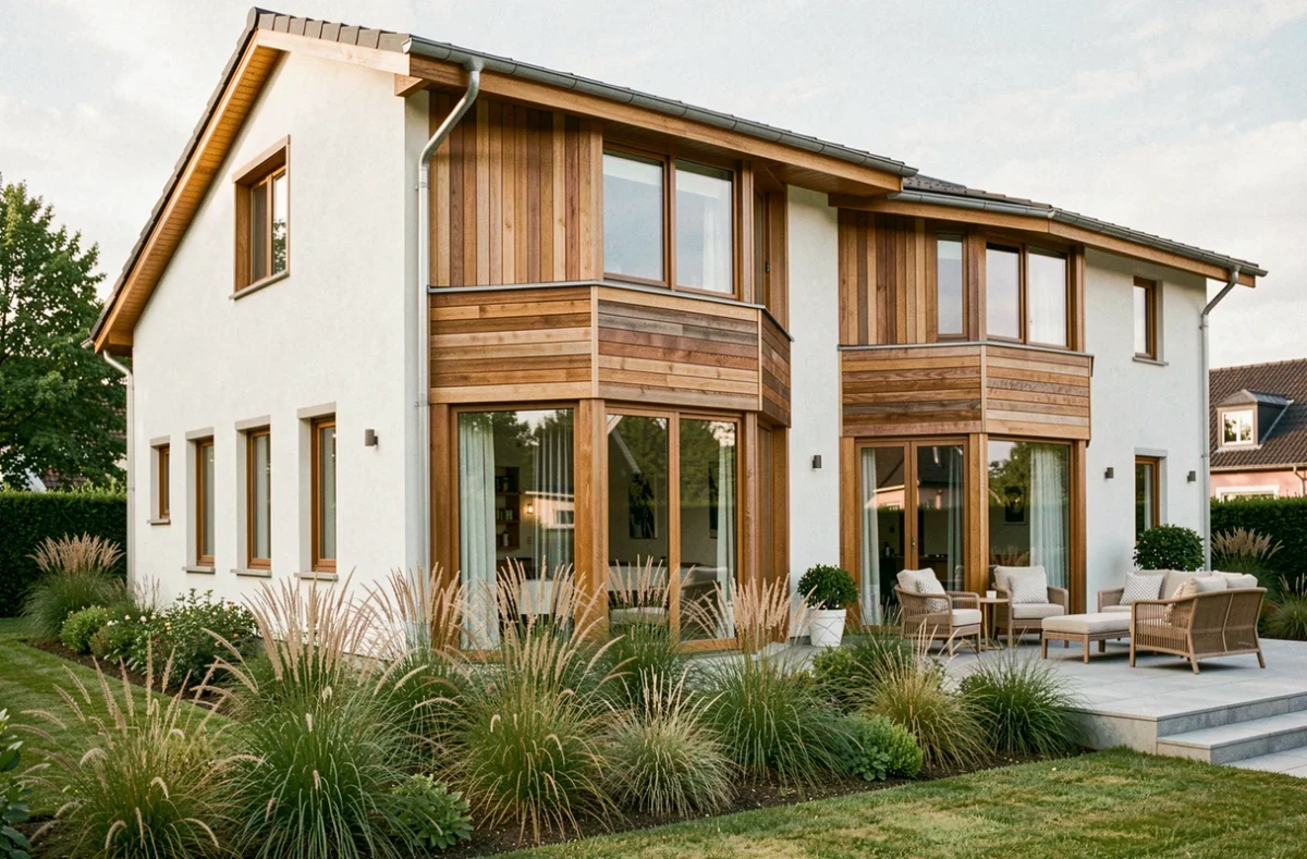 Maison haut de gamme avec bardage bois et grandes baies vitrées réalisée par Villadeale en Ille-et-Vilaine