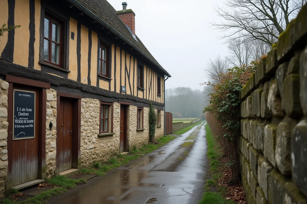 Rue de village calme dans l'Eure avec maisons normandes à colombages et annonce de location sur une porte en bois