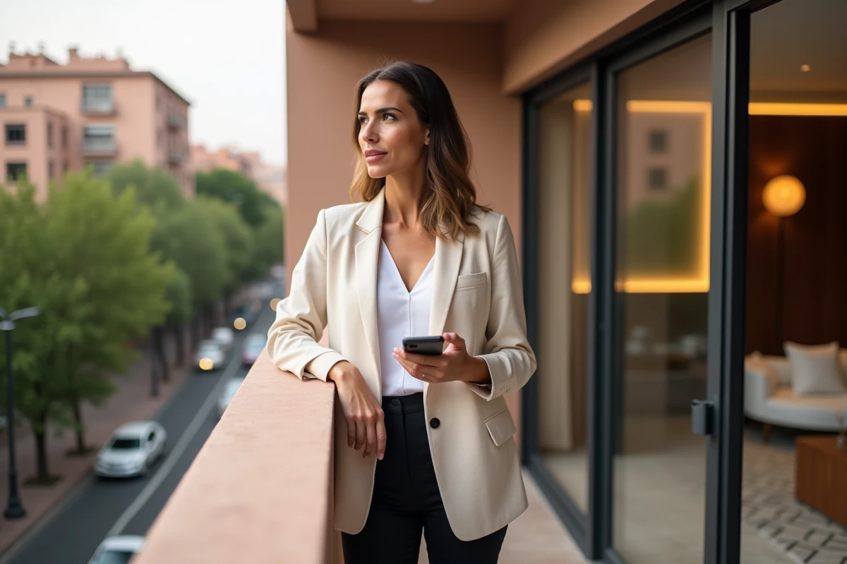 Femme visitant un appartement à vendre à Guéliz avec balcon et vue sur le boulevard de Marrakech