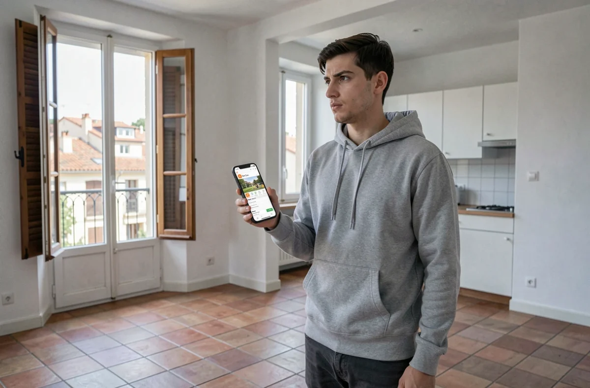 Jeune homme visitant un appartement vide à louer à Toulouse trouvé sur le Bon Coin