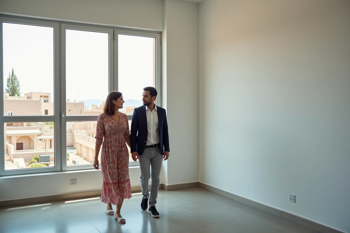 Couple visitant un appartement moderne à vendre dans le quartier Guéliz de Marrakech