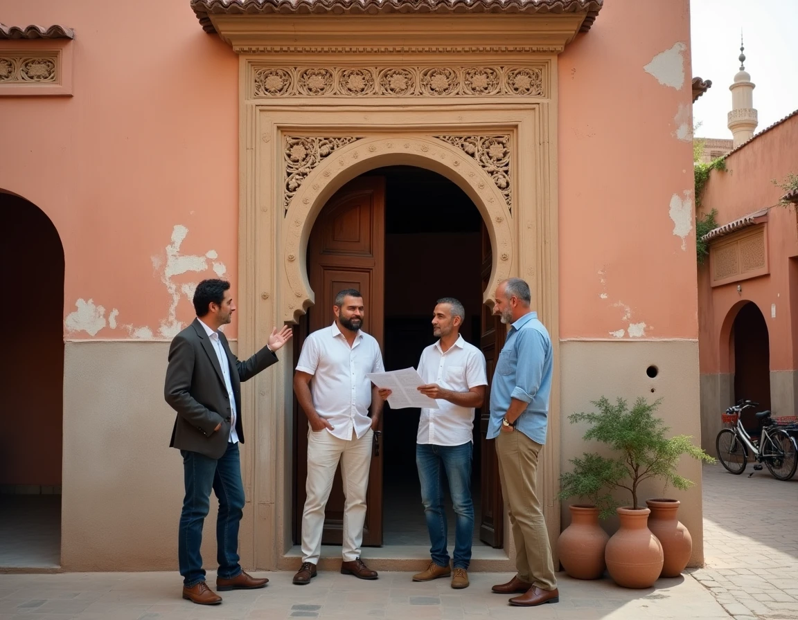 Visite d'un riad à vendre en médina de Marrakech entre particuliers avec façade traditionnelle en stuc